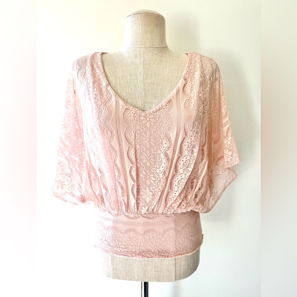 Elle Pink Lace V-Neck Dolman Sleeve Romantic Coquette Boho Balletcore Blouse - Picture 3 of 11